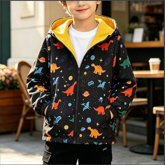 ITSAME Boys Zip Up Hooded Jacket Fleece Lined Windproof Cartoon Print Fall Winter Fashion Outerwear with Pockets Size 4T