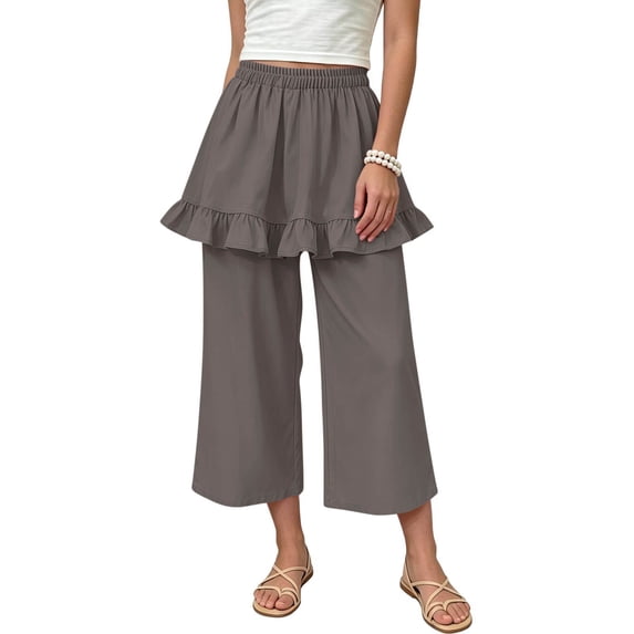 ITSAME Capris for Girls High Waist Loose Fit Flowy Ruffle Kids Fashion Casual Wide Leg Pants Gray Size 9