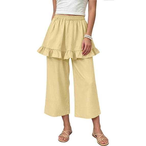 ITSAME Capris for Girls High Waist Loose Fit Flowy Ruffle Kids Fashion Casual Wide Leg Pants Yellow Size 11