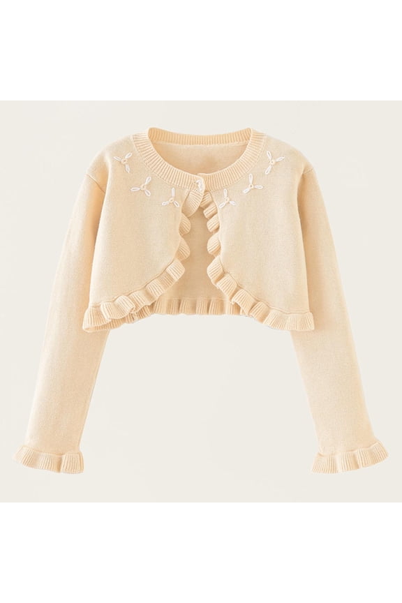 Cardigan for Girls Ruffle Long Sleeve Knit Cover Up Kids Comfy Shrug Sweater Outerwear Beige Size 7