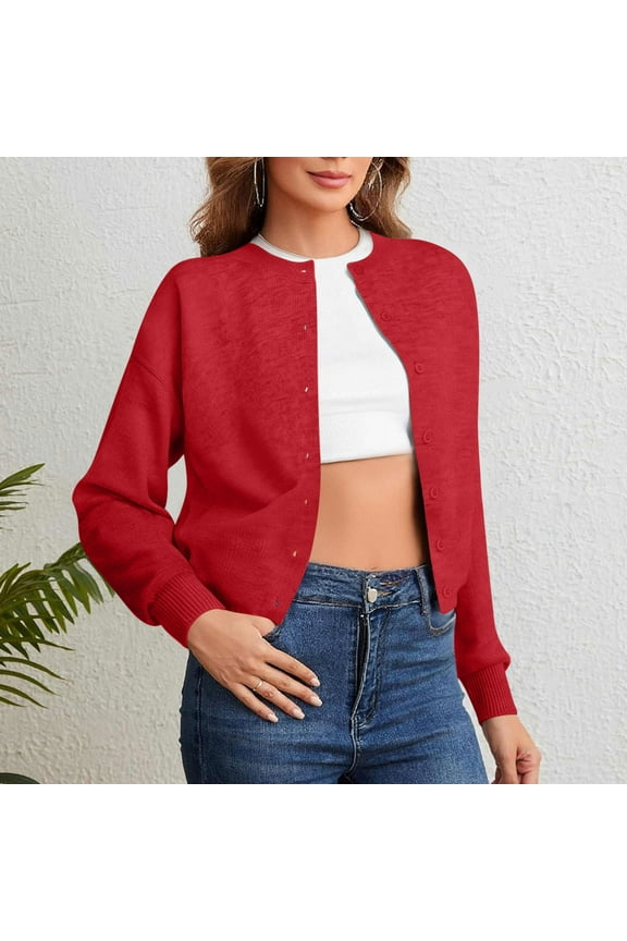 Cardigan for Womens, Crewneck Buttons Classic Fit Long Sleeve Causal Basic Sweater Outwear Red L