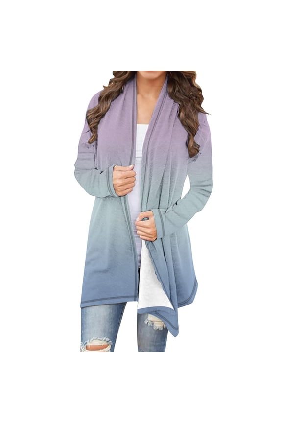 Cardigan for Womens, Fashion Gradient Plus Size Pleated Open Front Casual Loose Outweare Light Blue 2XL