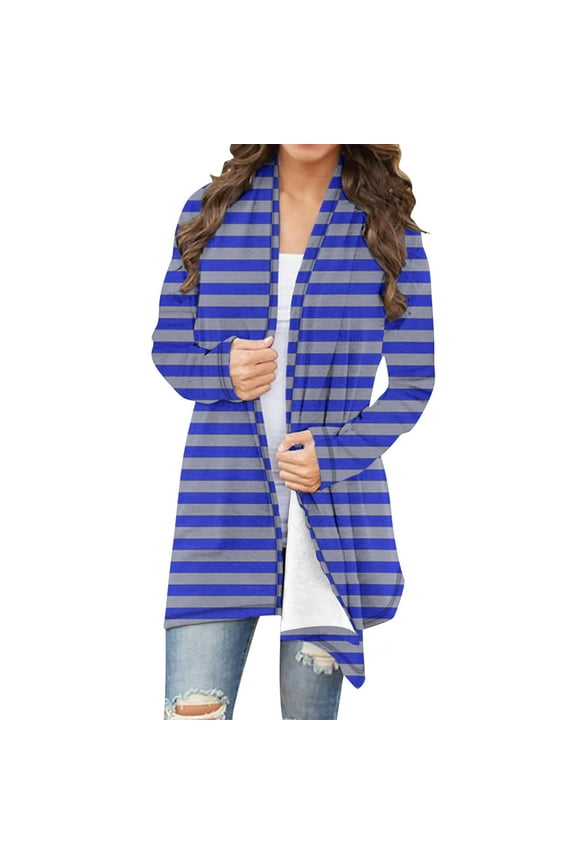 Cardigan for Womens, Fashion Striped Pleated Open Front Plus Size Loose Casual Outwear Blue S