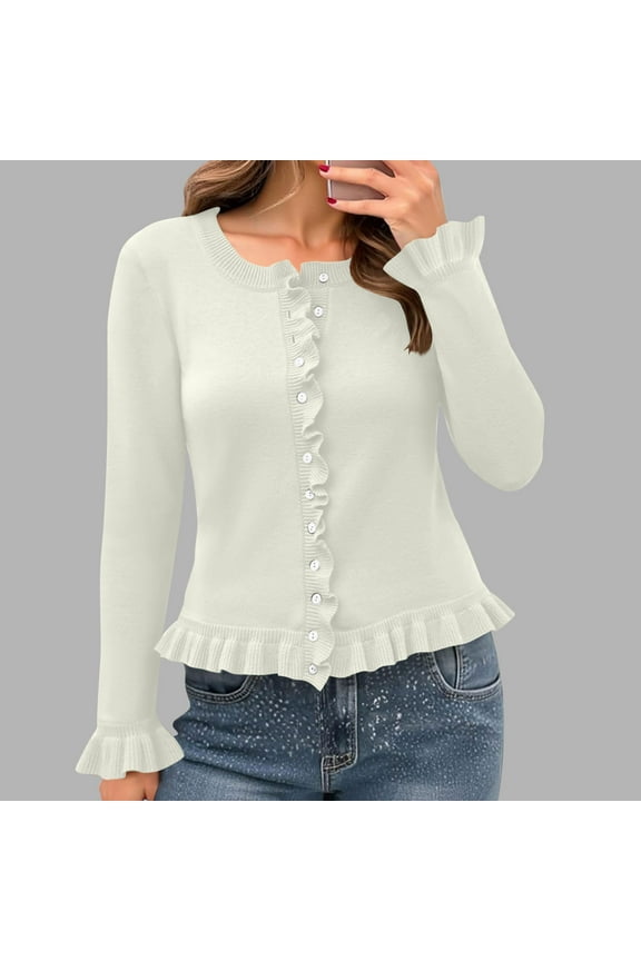 Cardigan for Womens, Long Sleeve Fashion Ruffles Crewneck Buttons Casual Dress Sweater Outwear White L