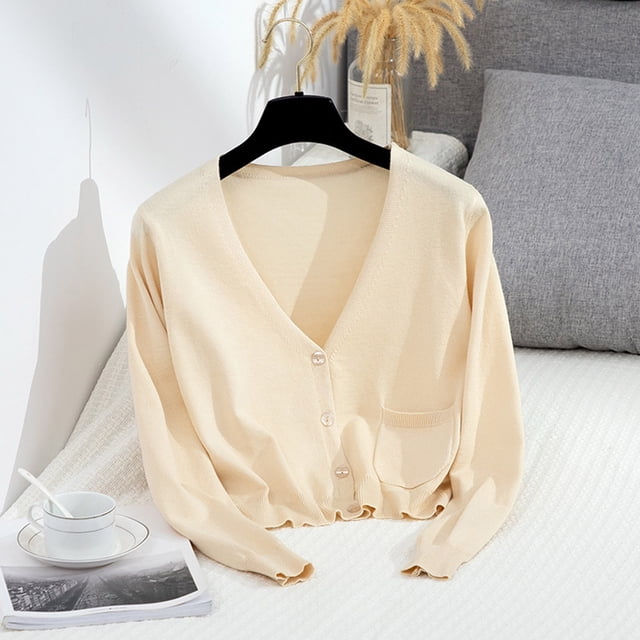 ITSAME Cardigan for Womens, V Neck Buttons with Pocket Long Sleeve Casual Knit Sweater Outwear Khaki 3XL