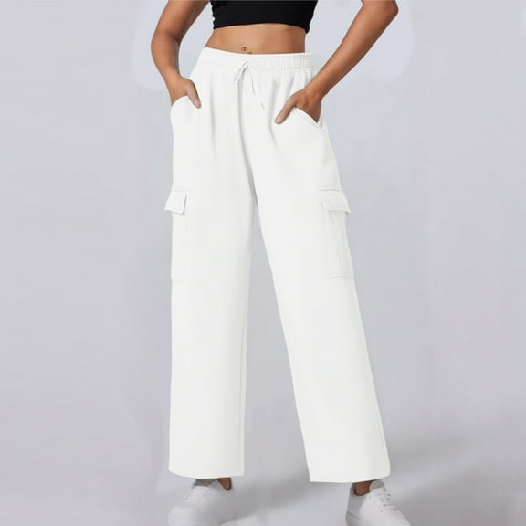 ITSAME Cargo Pants for Womens, Loose Fit Wide Leg Elastic Waist Casual Pull-On Trousers with Pockets White S