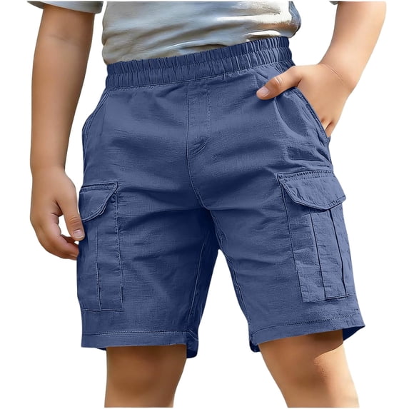 ITSAME Cargo Shorts for Boys, Elastic Waist Fashion Active with Flap Square Pockets Casual School Uniform Shorts Navy 9-10T