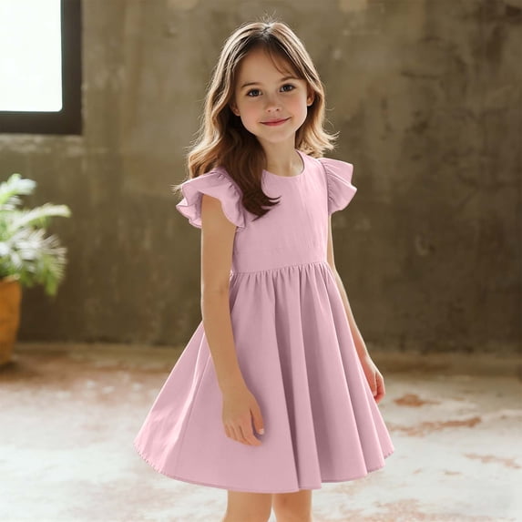 ITSAME Casual Dress for Girls, Waist-Cinching Cotton Flutter Ruffle Summer Fashion A-Line Dress Pink 2-3T