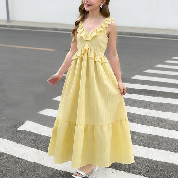ITSAME Casual Dresses for Girls, Long Length V-Neck Sleeveless Ruffled Summer Trendy Loose Princess Dress Yellow 7-8T