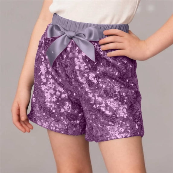 ITSAME Casual Shorts for Girls, Loose Fit Elastic Waist Bow Sequin Fashion Festival Dance Shorts Purple 9-10T
