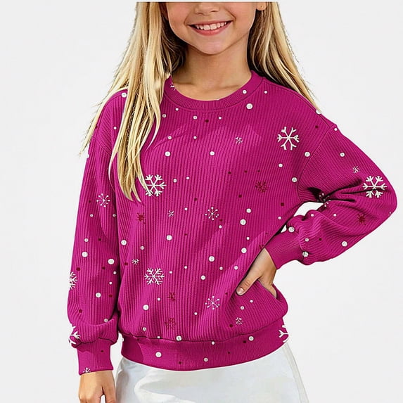 ITSAME Christmas Sweater for Girls (5-15) Snowflake Polka Dot Print Crewneck Long Sleeve Knit Pullover for Holiday Party Size 7