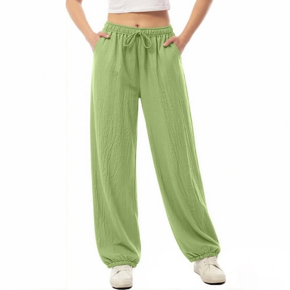 ITSAME Cotton Linen Pants for Women, High Waist Drawstring Loose Fit Athletic Casual Tapered Pants Green Size M