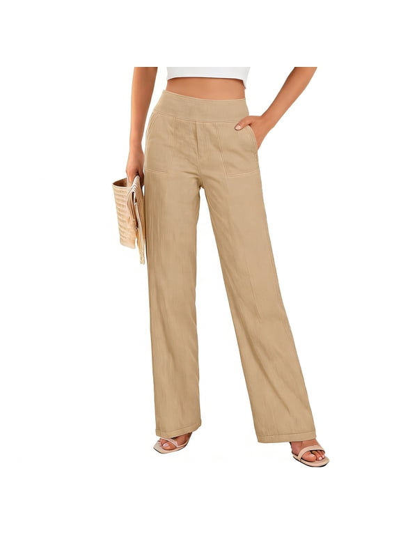 Cotton Linen Pants for Women, Straight Leg with Pockets High Waist Loose Casual Pants Khaki Size L