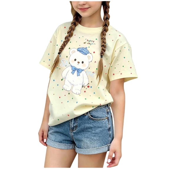 ITSAME Cotton T-Shirt for Girls Cartoon Print Crewneck Short Sleeve Summer Loose Casual Tops Beige Size 1-2