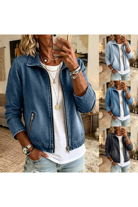Denim Jacket for Women Full Zip Lapel Long Sleeve Fall Winter Casual Jean Coat with Zipper-Pockets Blue Size M
