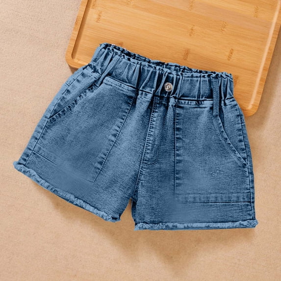 ITSAME Denim Shorts for Girls, Elastic Waist Stylish Leisure with pocket Summer Frayed Hem Jean Shorts Blue 5-6T