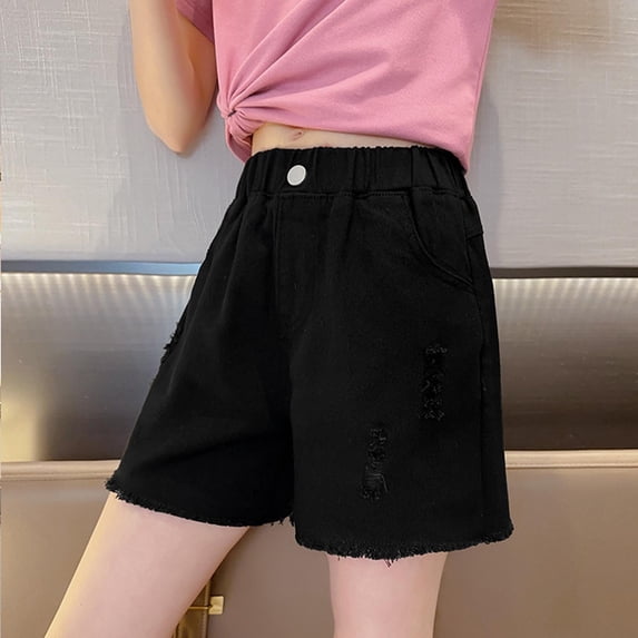 ITSAME Denim Shorts for Girls, Hole Broken Loose Fit Elastic Waist Summer Casual Fashion Shorts with Pockets Black Size 10-11T