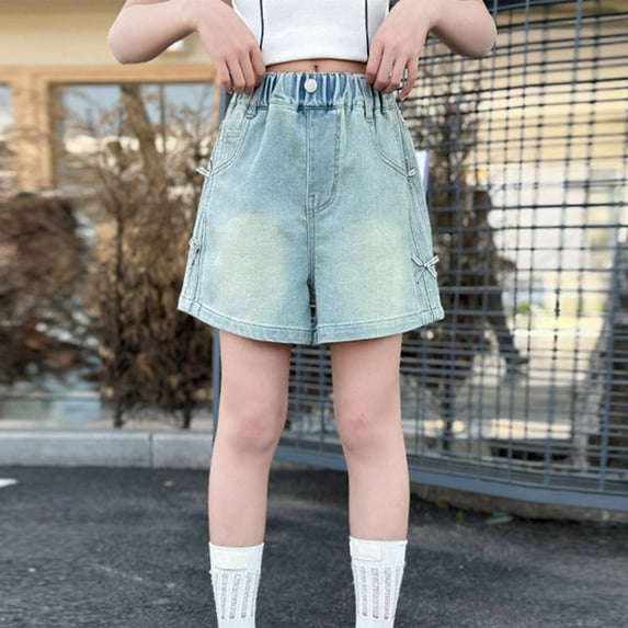 ITSAME Denim Shorts for Girls, with Pocket Elastic Waist Cute Bow Summer Trendy Loose Jean Shorts Blue 9-10T