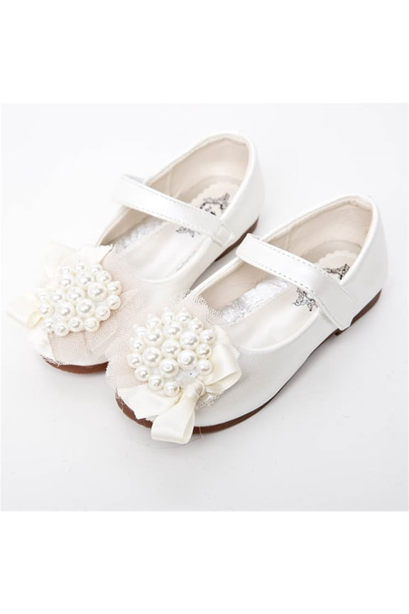 Dress Shoes for Girls, Sparkly Pearl Ankle Strap Closed Toe Kids Wedding Party Princess Shoes White 2.5M(Big Kids)