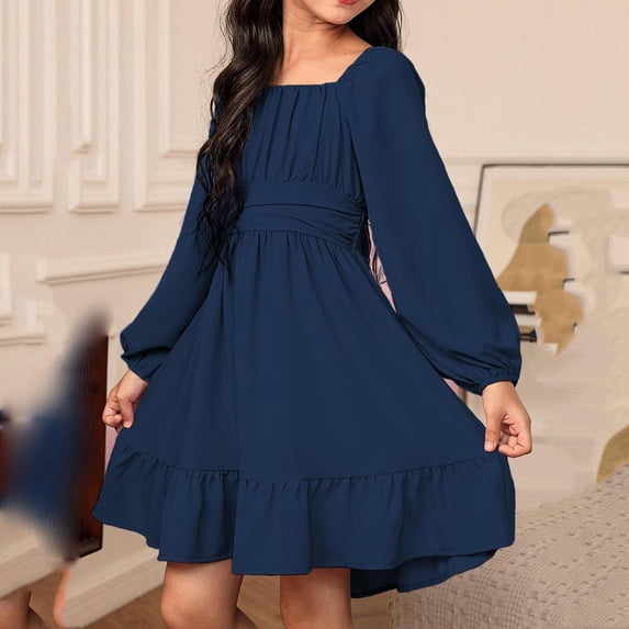 ITSAME Dress for Girls, Backless Lantern Long Sleeve Square Neck Summer Fashion Casual Ruffled Dress Navy 12-13T