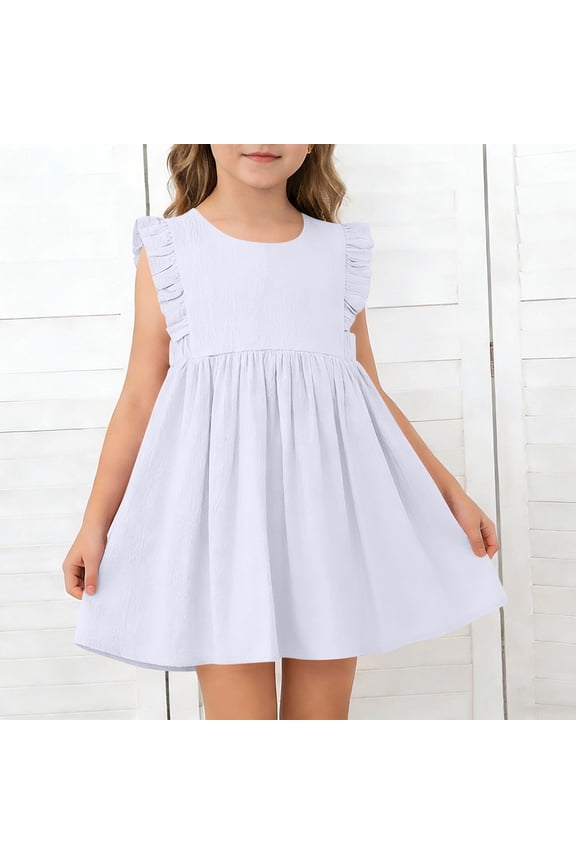 Dress for Girls, Flutter Ruffle Cotton Cinched Waist Summer Casual Fashion Crewneck Dress White 2-3T