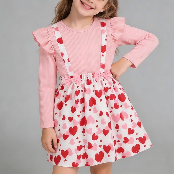 ITSAME Dress for Girls, Heart Print Flutter Ruffle Round Neck Summer Fashion Casual Long Sleeve Dress Pink 8-9T