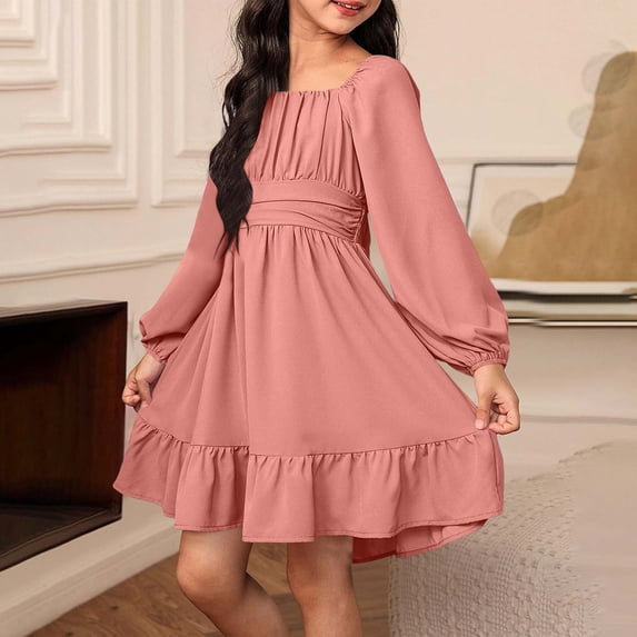 ITSAME Dress for Girls, Lantern Long Sleeve Backless Square Neck Summer Fashion Casual Ruffled Dress Pink 12-13T