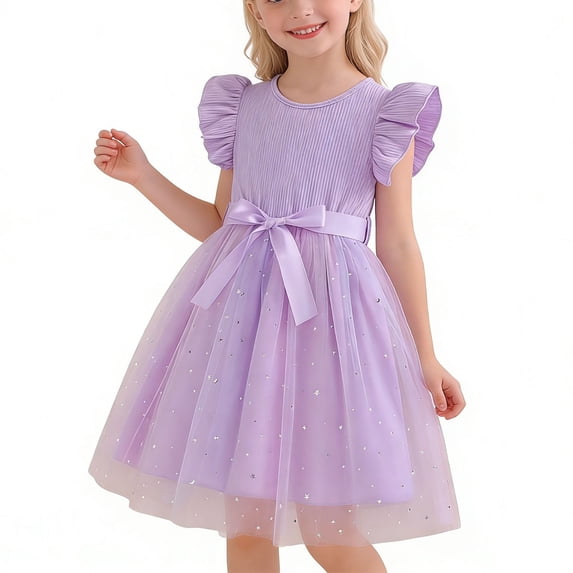 ITSAME Dress for Girls, Ruffled Sleeveless Round Neck Cute Bow Summer Fashion Princess Tulle Dresses Purple 4-5T