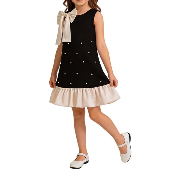 ITSAME Dress for Girls, Sleeveless Round Neck Cute Bow Kids Fashion Ruffled Princess Dress Black 3-4T