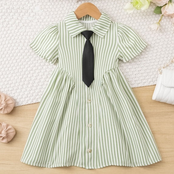 ITSAME Dress for Toddler Girls, Lapel Button Up Striped Print Summer Fashion Formal Dress Green 7-8T