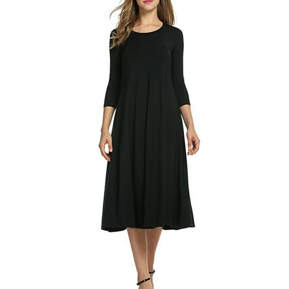 ITSAME Dress for Womens, Solid Color Long Sleeve Pleated Elegant Cotton Midi Dress Black 2XL