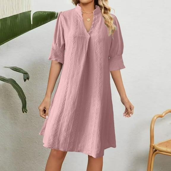 ITSAME Dresses for Womens, Solid Color Summer Peplum Dress V Neck Summer Casual Loose Flare Dress Pink M