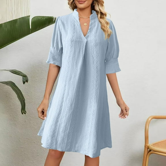 ITSAME Dresses for Womens, V Neck Solid Color Summer Peplum Dress Summer Casual Loose Flare Dress Sky Blue 2XL