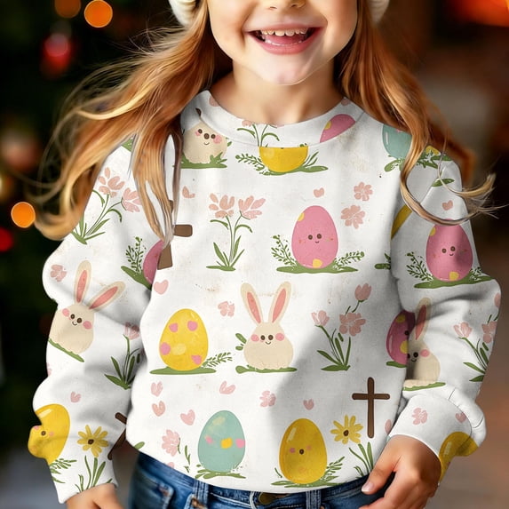 ITSAME Easter Girls Sweatshirt, Long Sleeve Crewneck Easter Egg Print Holiday Fashion Casual Tops Multicolor 6-7T