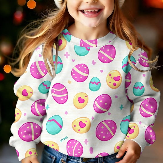 ITSAME Easter Sweatshirts for Girls, Easter Egg Print Loose Fit Round Neck Kids Casual Long Sleeve Tops Multicolor 2-3T