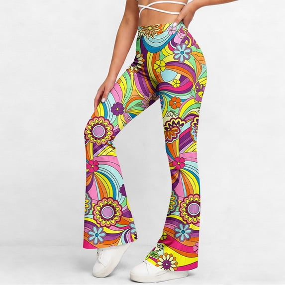 ITSAME Flare Yoga Pants for Women, Fashion Print High Waist Butt Lift Athletic Stretchy Leggings Yellow Size XL