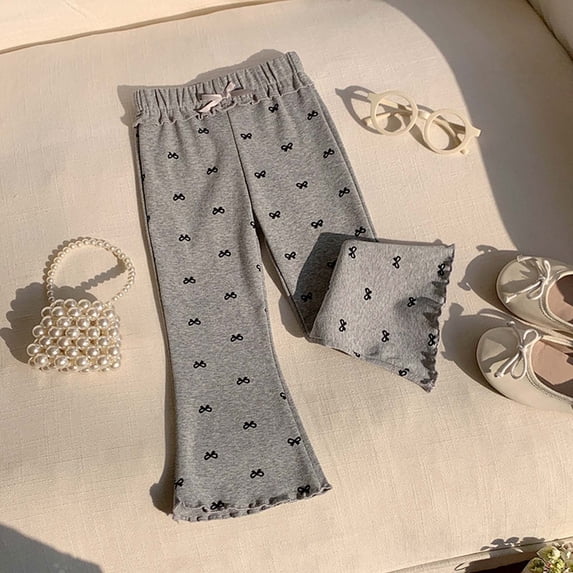 ITSAME Flared Pants for Girls, Cute Bow Cotton Elastic Waist Ruffle Hem Summer Casual Wide Leg Pants Dark Gray Size 6