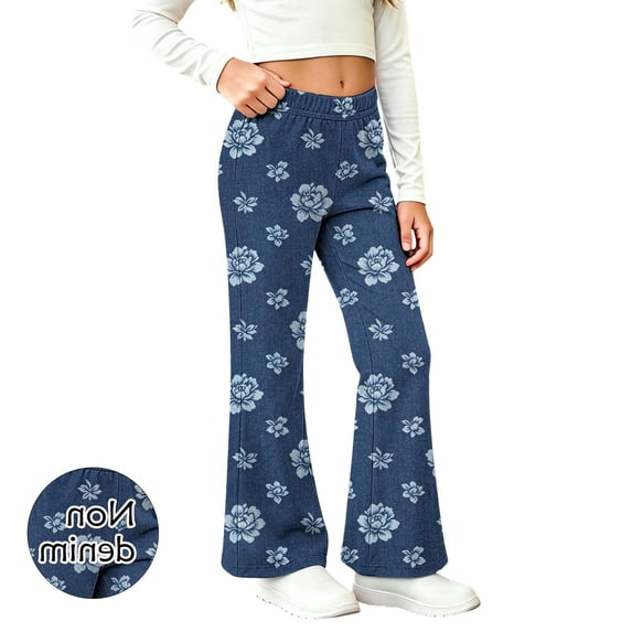 ITSAME Flared Pants for Girls Floral Print Comfy Elastic Waist Stretchy Fashion Casual Trousers Blue Size 12