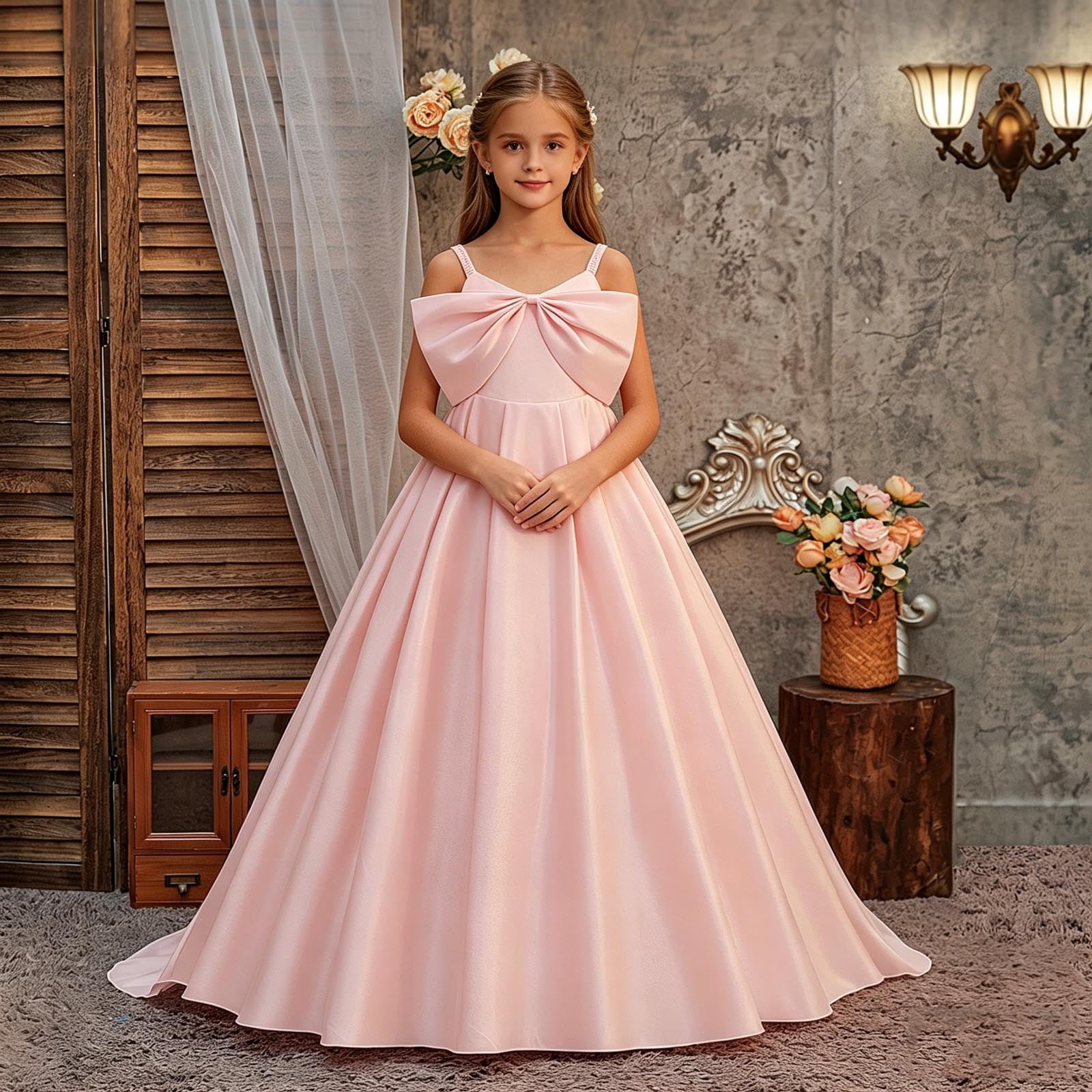maxi flower girl dress pink ITSAME Flower Girls Bow Slip Dresses Spaghetti Straps Pageant Wedding  Birthday Party Formal Maxi Gown Pink Size 11-12