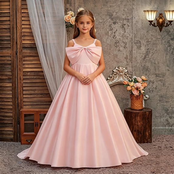 ITSAME Flower Girls Bow Slip Dresses Spaghetti Straps Pageant Wedding Birthday Party Formal Maxi Gown Pink Size 9-10