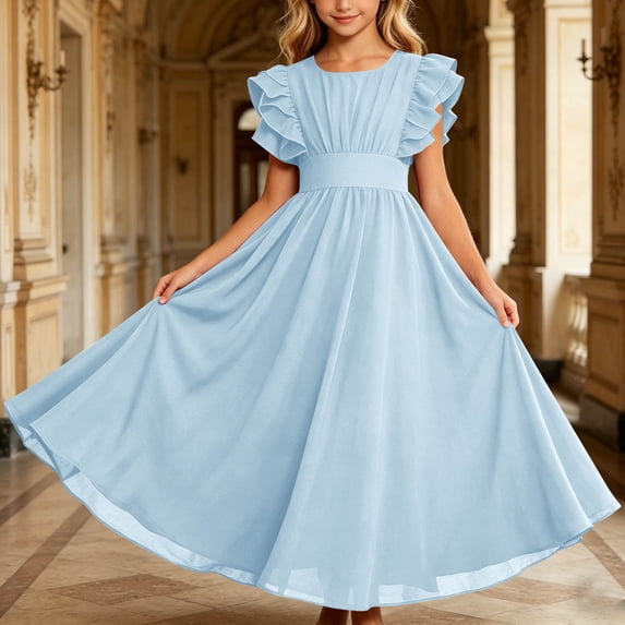 ITSAME Flower Girls Tunic Dress Ruffle Fly Sleeve Boat Neck A-Line Wedding Party Pageant Gown Light Blue Size 6