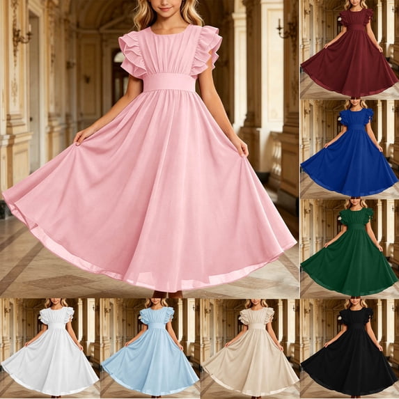 ITSAME Flower Girls Tunic Dress Ruffle Fly Sleeve Boat Neck A-Line Wedding Party Pageant Gown Pink Size 10