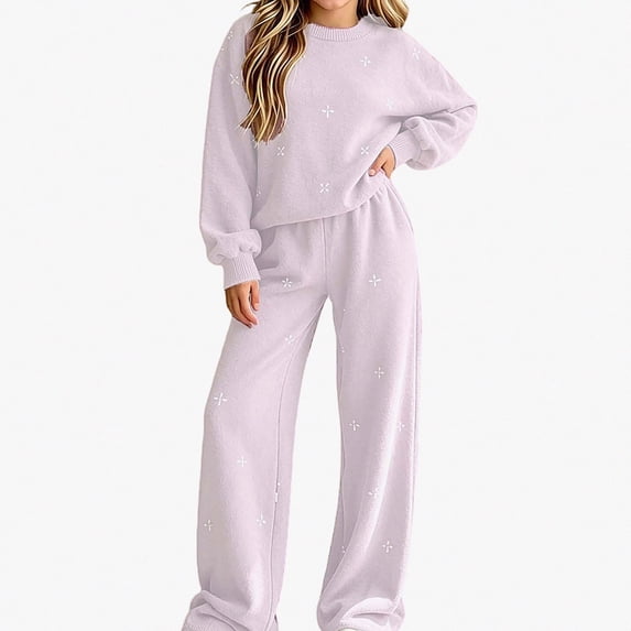 ITSAME Girls 2 Piece Knit Cotton Sweater Set Long Sleeve Crewneck Pullover and Wide Leg Pants Outfit Size 5T