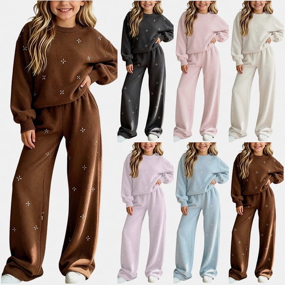 ITSAME Girls 2 Piece Knit Cotton Sweater Set Long Sleeve Crewneck Pullover and Wide Leg Pants Outfit Size 7