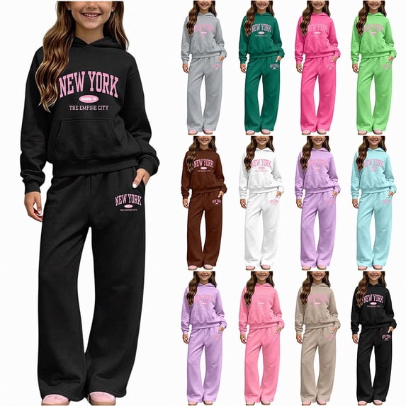 ITSAME Girls 2-Piece Letter Print Hooded Sweatshirt and Wide Leg Pants Set Fleece-Lined Warm Outfit Size 9