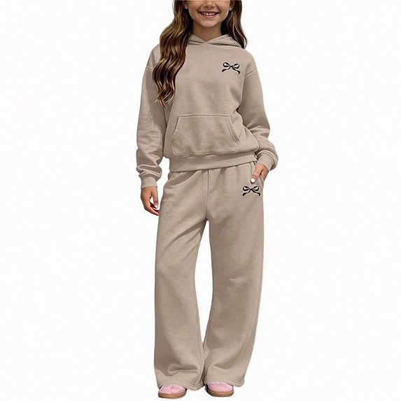 ITSAME Girls 2 Piece Outfit Bow Print Fleece-Lined Hooded Sweatshirt and Wide Leg Pants Warm Casual Set Size 7