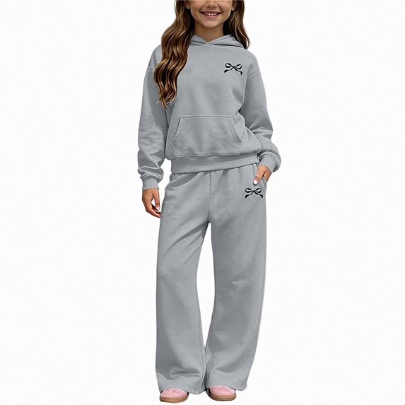 ITSAME Girls 2 Piece Outfit Bow Print Fleece-Lined Hooded Sweatshirt and Wide Leg Pants Warm Casual Set Size 9