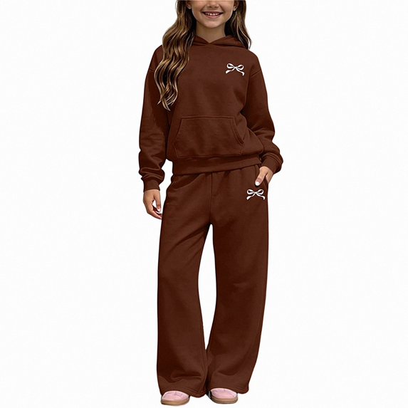 ITSAME Girls 2 Piece Outfit Bow Print Fleece-Lined Hooded Sweatshirt and Wide Leg Pants Warm Casual Set Size 9