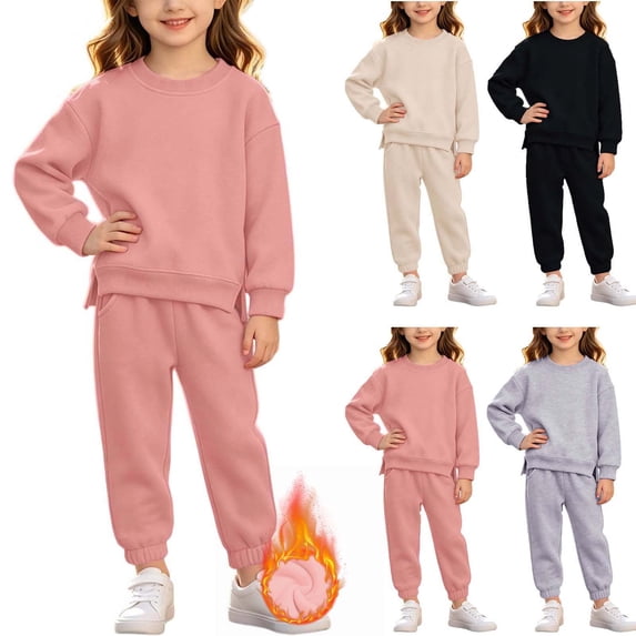 ITSAME Girls 2 Piece Outfits Crewneck Pullover Sweatshirt and Sweatpants Fall Winter Warm Cotton Clothes Set Beige Size 3T