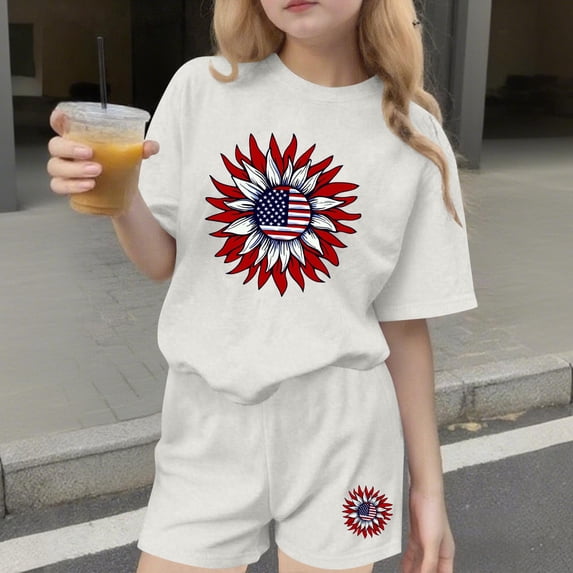 ITSAME Girls 4th of July Outfits 2-Piece, Fashion Print Crewneck T-Shirts and Shorts Casual Clothes Set White Size 10